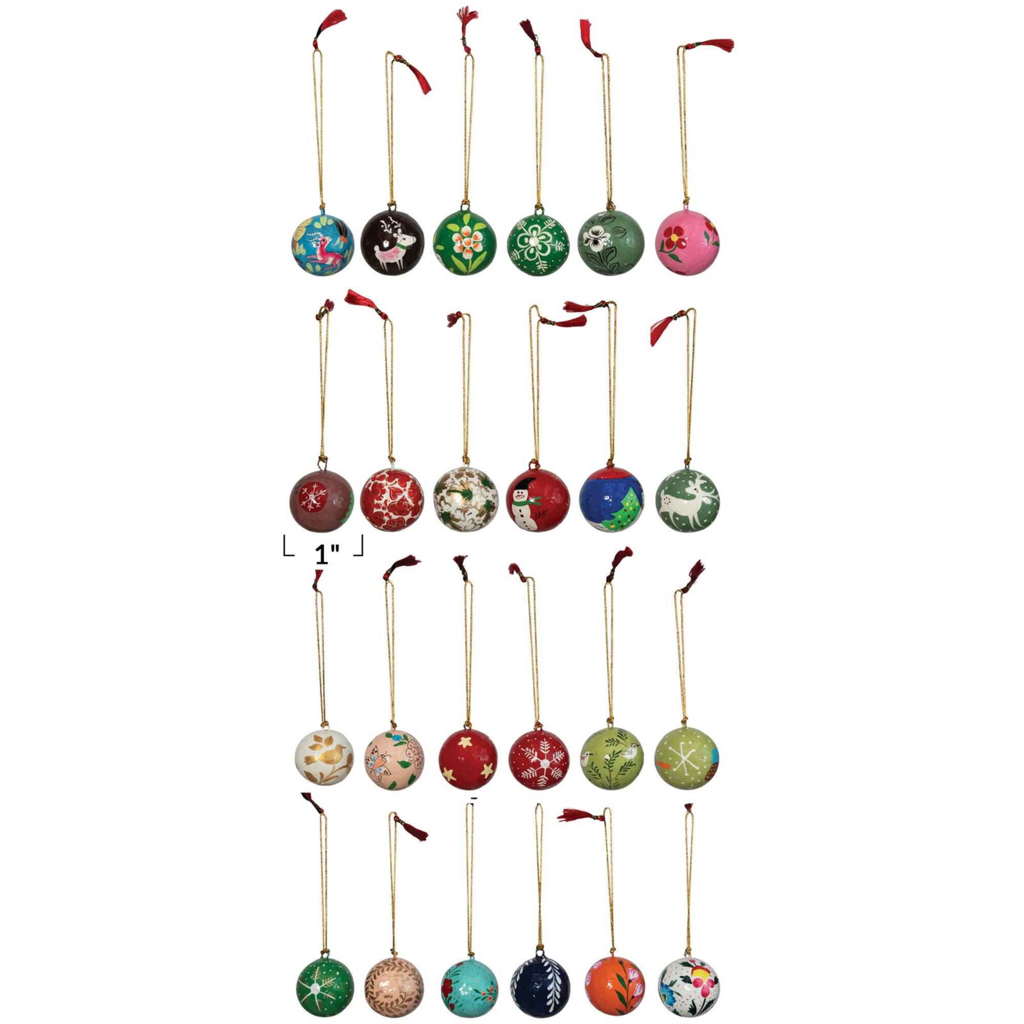 Hello Honey® 24 Pack 1" Round Hand-Painted Paper Mache Ball Ornaments